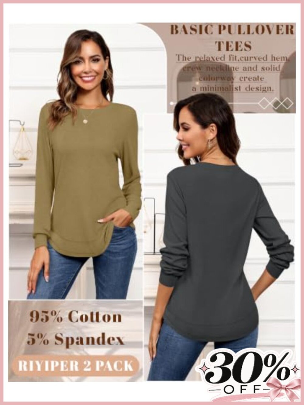 2 Pack Women's Crew Neck Long Sleeve Sweatshirts Cotton Spandex Pullover - Picture 3 of 4